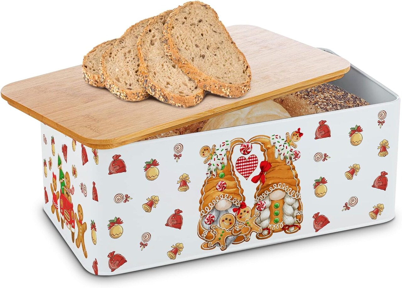 Metal Christmas Decorated Bread Box Container with Bamboo Lid